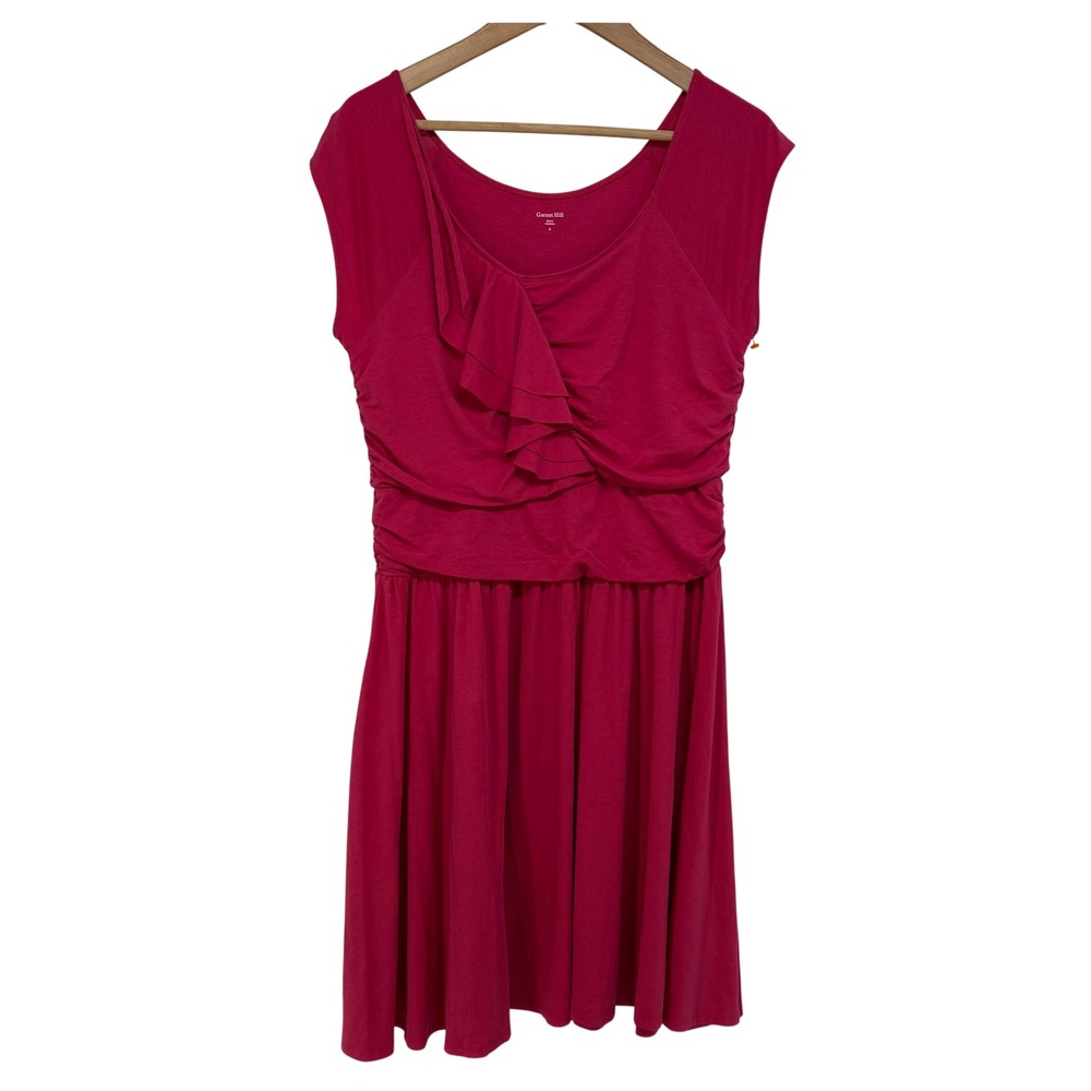 Garnet Hill Womens Pink Ruffle Ruched Knit Fit and Flare Dress M Elevated Basic